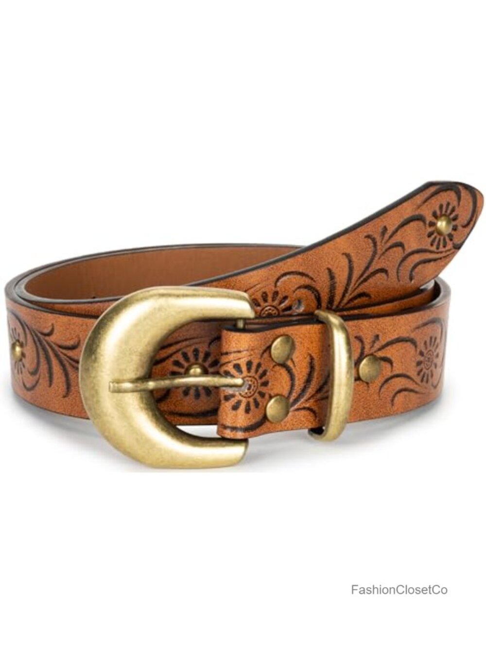 Western Cowboy Belt with Gold Buckle for Women - Faux Leather